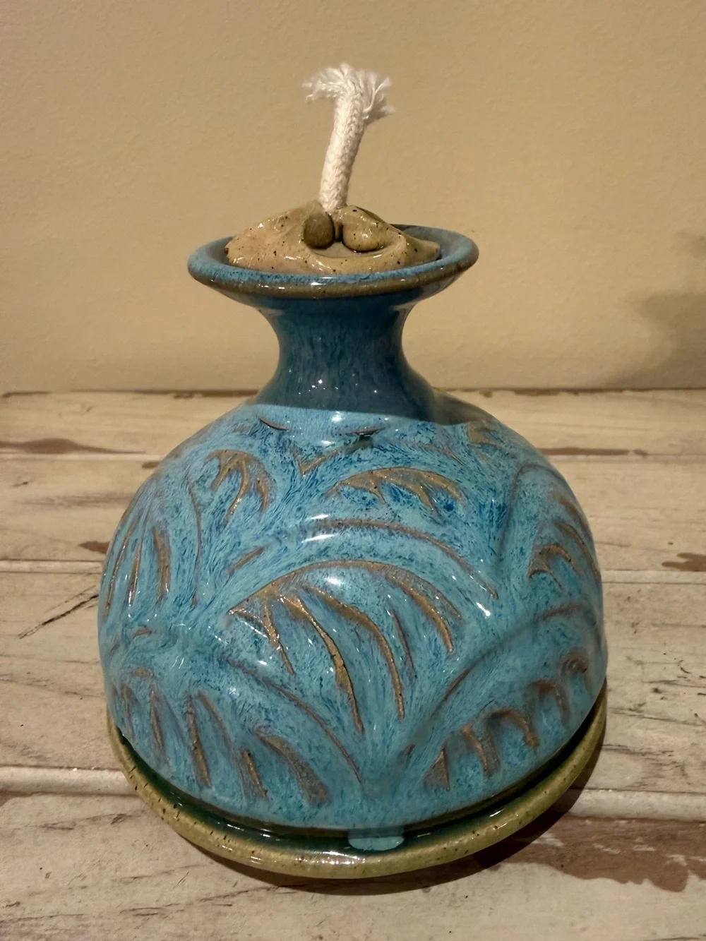 Artisan Studio Pottery Ceramic Oil Lamp Blue Palm Leaf Carved Signed PS.119
